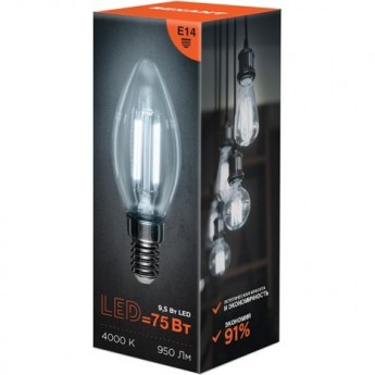 Лампа филаментная REXANT СВЕЧА CN35 9,5Вт 950Лм 4000K E14 прозрачная колба Лампа филаментная REXANT СВЕЧА CN35 9,5Вт 950Лм 4000K E14 прозрачная колба