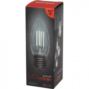 Лампа филаментная REXANT СВЕЧА CN35 9,5Вт 950Лм 4000K E27 прозрачная колба Лампа филаментная REXANT СВЕЧА CN35 9,5Вт 950Лм 4000K E27 прозрачная колба