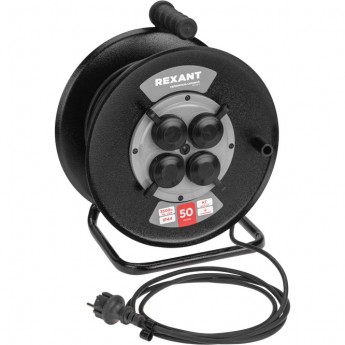 Удлинитель силовой REXANT КГ на катушке 4 гнезда, с/з, 50м, 3х1,5мм², IP44 с выключателем, c защитными крышками, металлическая катушка Удлинитель силовой REXANT КГ на катушке 4 гнезда, с/з, 50м, 3х1,5мм², IP44 с выключателем, c защитными крышками, металлическая катушка